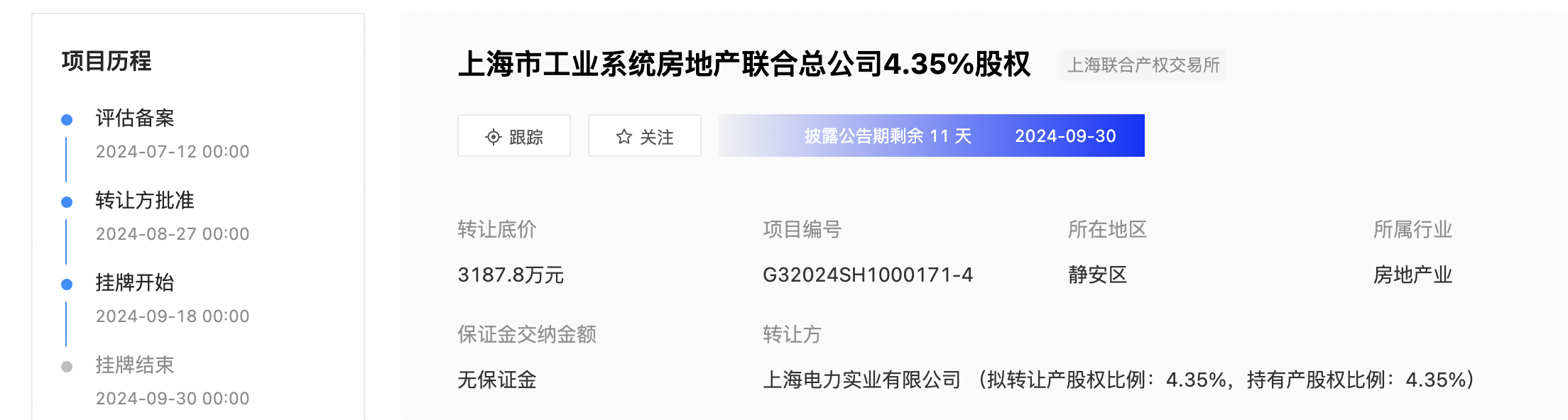 上海电力挂牌转让上海工业系统房地产4.35%股权，底价为3187.8万元